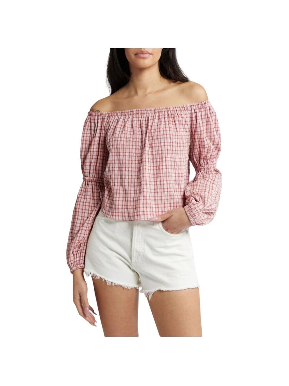 NWOT Topshop Blouse Top Size 12 Red Plaid Long Sleeve Off Shoulder